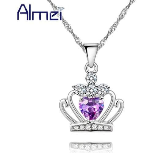 Almei 15%Off Crown Necklace With Purple White Stone Free Chain For Women Silver Color Necklaces & Pendants Gifts Jewelery XSJ001