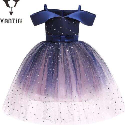 Princess Dress for Girls Off Shoulder Sparkly Bouffant Dress the Starry Sky Skirt Children' s Clothing Birthday Party