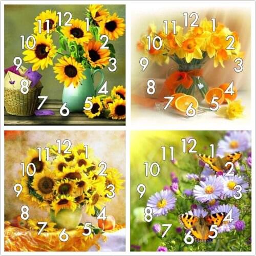 Full Diamond Painting Cross Stitch With Clock Mechanism Mosaic Flower Yellow 5D Diy Square Round Diamondpainting Embroidery Gift