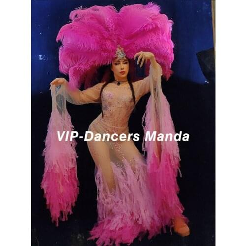 Sexy Stage Costume Nightclub Birthday Outfits Women Party Prom See-Through Dresses Feather Headwear Celebrate Festival Clothing