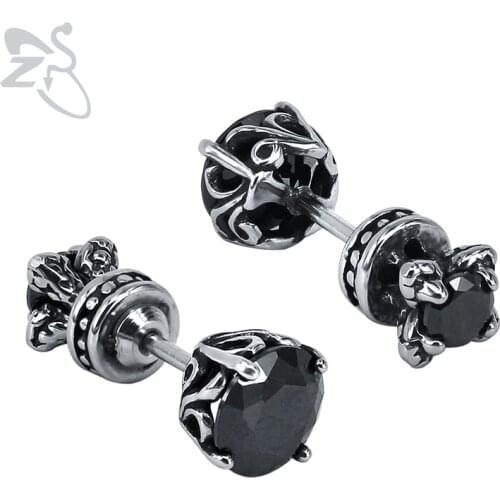 ZS Mens Black Zirconia Stud Earrings Stainless Steel Punk Jewelry Accessories for Women Men Vintage Hip Hop Ear Stud Jewellry