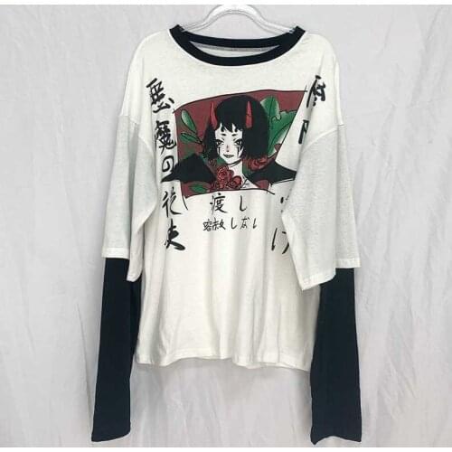 Harajuku Streetwear Vintage White T Shirt Women Gothic Tops Kawaii Cartoon Funny Anime Printed Teen Girl Long Sleeve Tee Shirt
