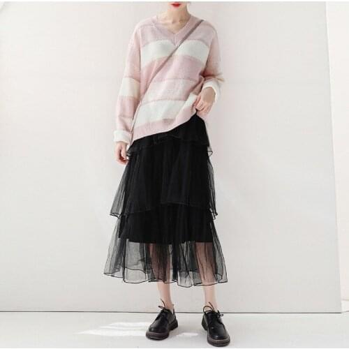 Spring Lace Pleated Tulle Skirt Women 2019 New Fashion Vintage Black Layered Yarn Overknee Cake Skirts Streetwear Vestidos PL06