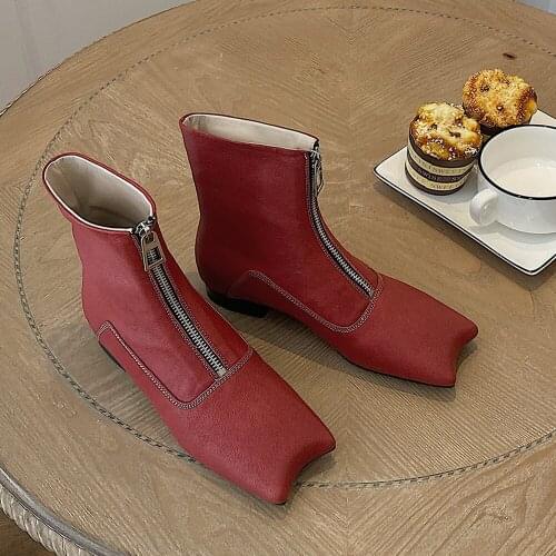 Womens Irregular Toe Genuine Leather Central Zipper Ankle Boots Low Heel Shoes Cowboy Chelsea Black Red Luxury