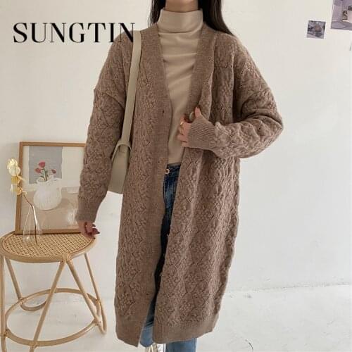 Sungtin Korean Vintage Long Knitted Cardigan Women Chic Oversized Sweater Jacket Female Loose Casual Jumpers Boyfriend 3 Colors