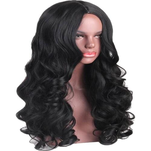 26'' Womens Synthetic Long Wavy Hair Wig, Middle Part Cosplay Costume Heat Resistant Full Wig With Wig Cap, Black