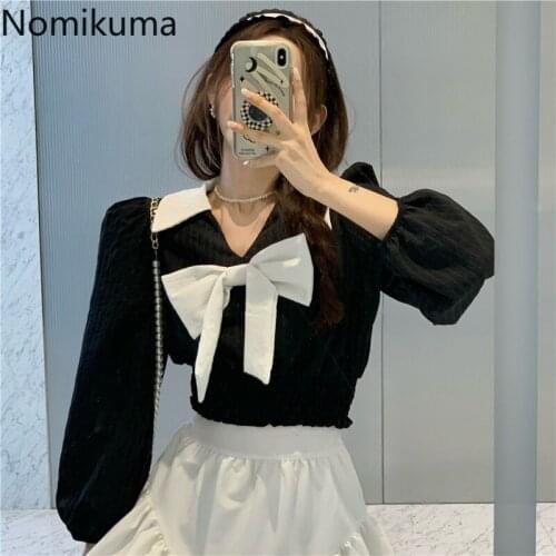 Nomikuma Bow Knot Slim Waist Short Shirts Women Contrast Color Puff Sleeve Crop Tops Elegant Vintage Chic Blouse Blusas Mujer
