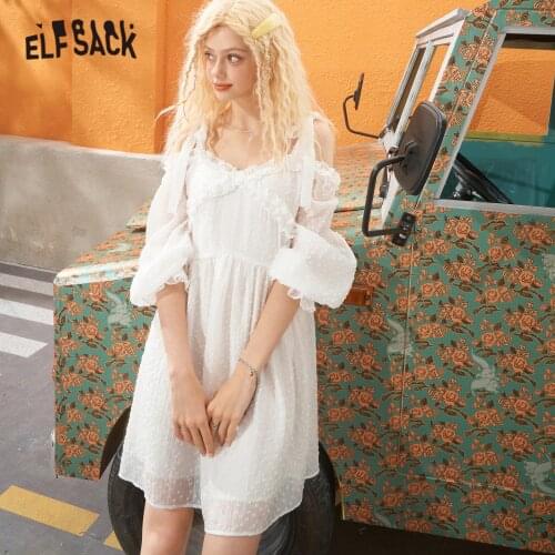 ELFSACK Solid Pure Casual Chic Party Dresses Women,2021 Summer Vintage Half Sleeve Korean Ladies Daily Odd-Shoulder Party Dress