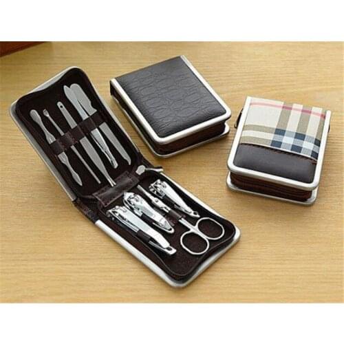 Hot 100sets 9pcs/set Stainless Steel Nail Art Tools Nail Clippers Nail File Beauty Scissors Manicure Nail Tools PU Leather Case