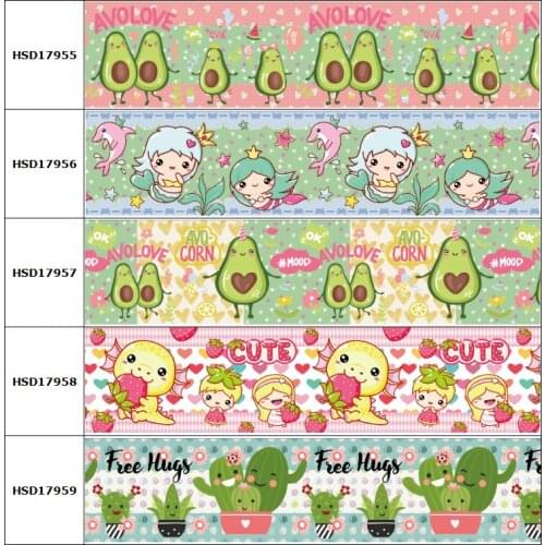 HSDCraft 25mm 38mm 75mm Avocado Fish Animal Printed Grosgrain Ribbon Party Decoration 10 Yards DIY Bow Bag Material Handmade