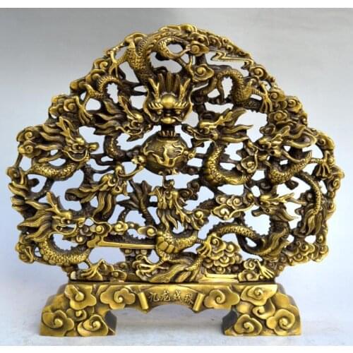 Exquisite China Brass Animal Dragon Kowloon playing with pearl Sculpture Statue