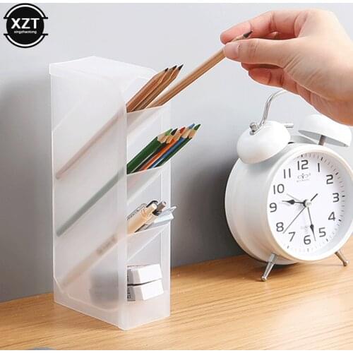 Multi-function 4 Grid Desktop Pen Holder Office School Storage Case Clear White Black Plastic Box Creative Pen Pencil Organizer