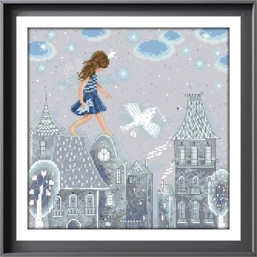 Walking on roof cross stitch kit cartoon girl snow 14ct silver grey unprint canvas cotton silk thread embroidery DIY needlework