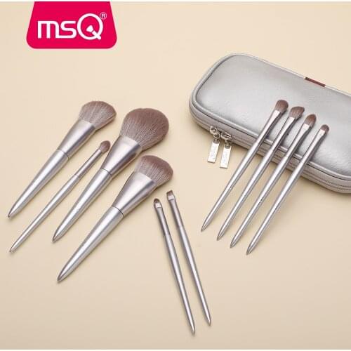 MSQ 10PCS Makeup Brushes Set Powder Blending Sculpting Eyeshadow Make Up Brush Kits Cosmetic Silver With PU Leather Case