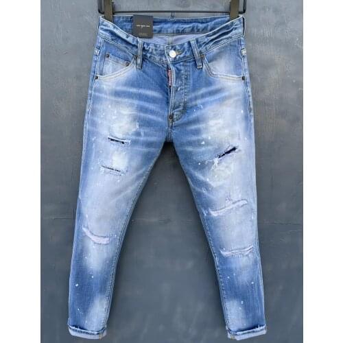 2021 Spring/Summer New DSQUARED2 Mens/Womens Ripped Patch Jeans Fashion Slim Stretch Light-Colored Pants 032
