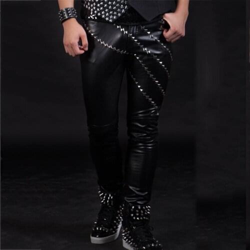 Jazz Dance Costumes Black Rivet Slim Leather Pants Nightclub Bar Male Dj Ds Rock Singer Clothing Men Stage Show Dancewear DT820
