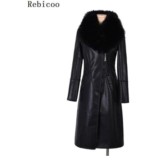 Rebicoo PU Leather Faux Fur Women Long Coat Casual Plus Size 5XL Slim Coat Black Faux Fur Collar Jacket Coat casaco