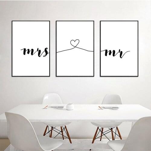 Love Poster Mr Mrs Simple Quotes Minimalist Black And White Mural Wall Art Print Picture For Wedding House Living Room Decor