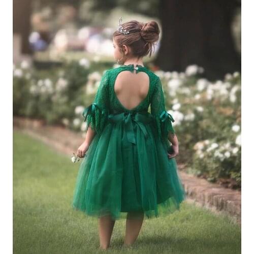 Flowers Backless Dresses Baby Girls Green Red Horn Sleeve Christmas Dress European Robe Princesse Enfant Fille Dresses For Kids