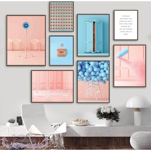 Pink Horn Swing Poster Blue Wardrobe Balloon Poster Wall Art Canvas Painting Nordic Quotes Pictures for Living Room Decor