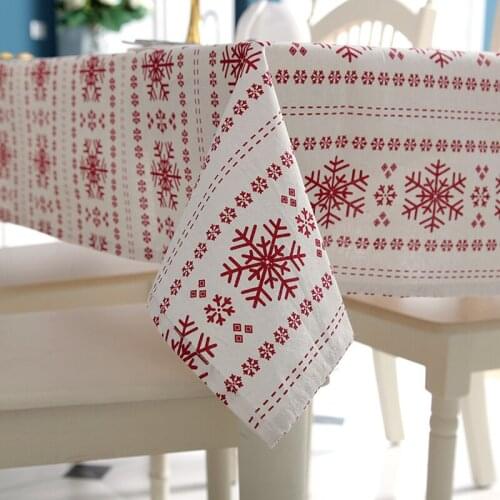 Modern Simplicity Linen Cotton Tablecloth Red Christmas Snowflakes Pattern Washable Table Cloth for Wedding Banquet Tea Table