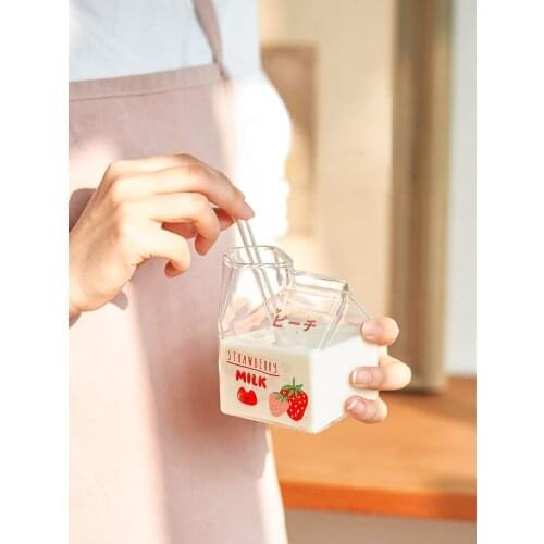 Japanese-style Glass Milk Cup, Childrens Square Milk Box, Microwave Oven, Heatable Straw Cup Cow Udder Cup