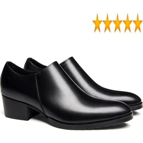 Men High Heels British Style Round Toe Business Office Brand Black Zip Genuine Leather Formal Shoes Male
