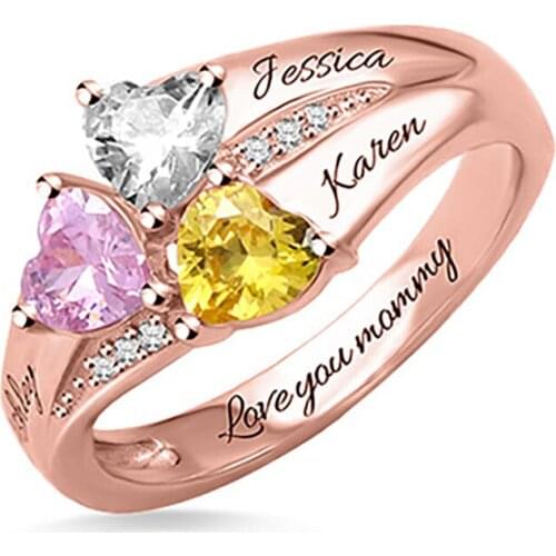 Uonney Dropshipping Custom Heart Birthstone Engraved Names Personalized Silver Rose Gold Ring Valentine Birthday Gift Jewelry
