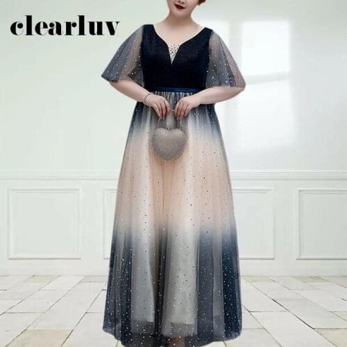 Gradient A-Line Evening Dresses DR1121 Half Sleeve V-Neck Robe De Soiree Plus Size Long Gowns Shiny Sequined Vestidos De Fiesta