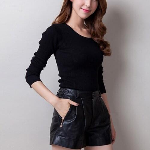 High Quality Elegant Ladies Genuine Leather High Waist Shorts Female Zipper Black Party Punk Wide Leg Trousers Plus Size M-3XL