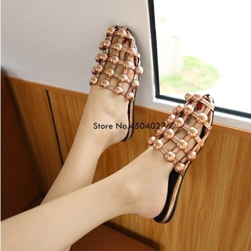 Studded Velvet Leather Caged Slippers Runway Summer Women Shoes Fashion Luxury Rivets Slides Lady Round Toe Flats