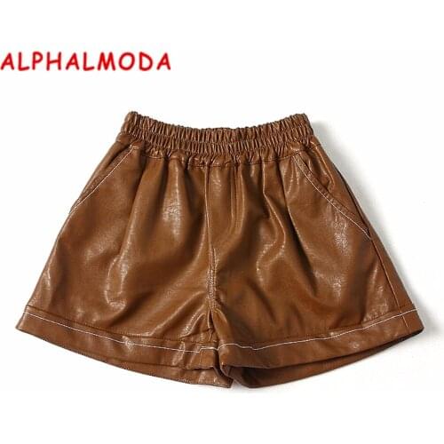 ALPHALMODA 2017 Autumn Womens Motor Faux Leather Shorts Solid Color Curving Cuff Pocket Elastic Waist Shorts M-L