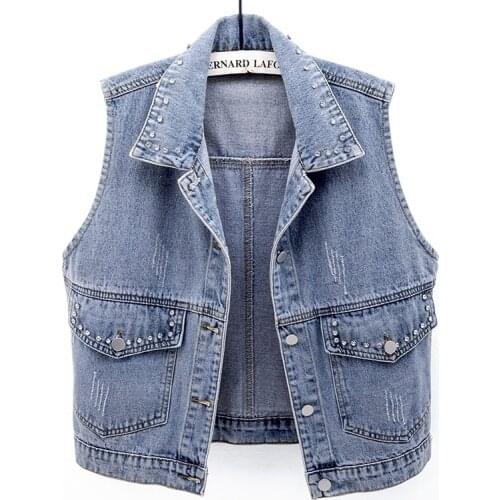 Summer New Korean Blue Frayed Diamond Pocket Denim Vest Women Short Sleeveless Jacket Big Size Loose Jeans Vest Female Waistcoat