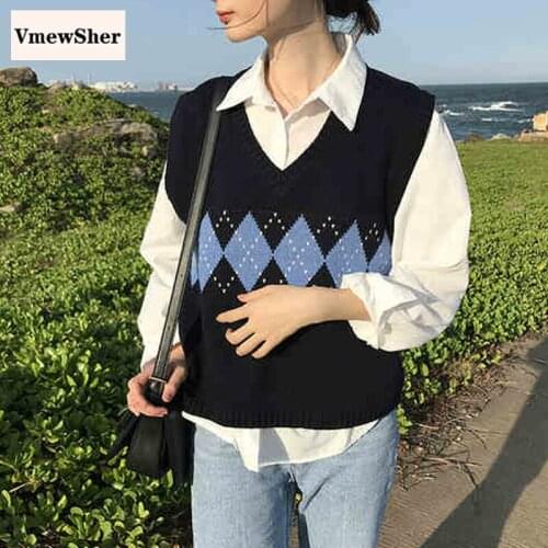 VmewSher Women Sweater Vest Autumn Korean Style Vintage Geometric Argyle V Neck Sleeveless Pullovers Knitted Woman Sweaters