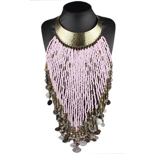 Claire Jin Statement Large Choker Necklace Women Long Tassel Big Collar Beads Coin Chunky Jewelry Fashion Ethnic Accessories