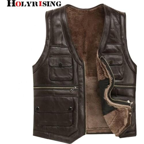 Holyrising Mens Luxury Full Sheepskin Leather Gilet Motorcycle Vest for Men Pockets Black Brown Fake Leather Coat 19246-5