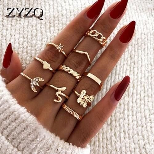 ZYZQ Retro Punk Snake Rings Set For Women Carved Butterfly Crystal Geometric Finger Joint Gold Ring Boho Party Female Jewelry