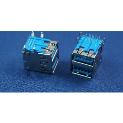100pcs/lot USB 3.0 socket type A dual USB Ports female 90 degree receptacle right angle through hole 18 contacts blue free ship