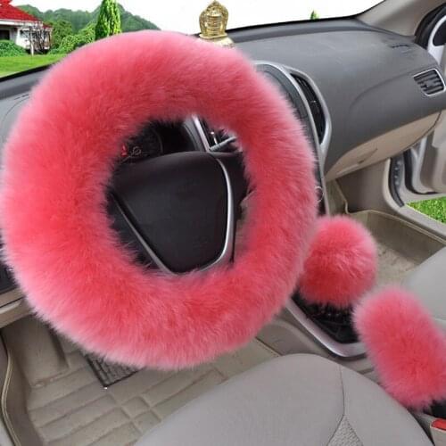 2021 Winter Car-Styling Fur Warm long Wool Plush Steering Wheel Cover Woolen Handbrake Car Accessory Pink