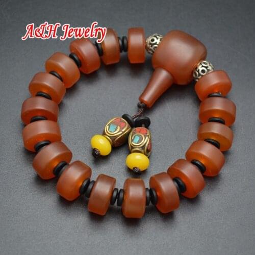 5pcs Matte Surface Red Stone Stretch Bracelets 16mm Diameter Barrel Shape With Nepal Charms Prayer Mala Men Jewelry