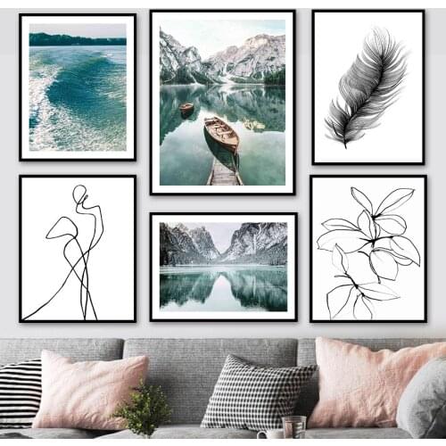 Abstract Line Woman Feather Mountain Lake Wall Art Canvas Painting Nordic Posters And Prints Wall Pictures For Living Room Decor