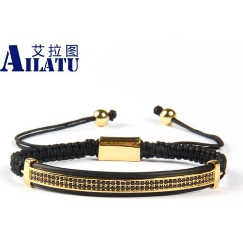Ailatu Wholesale 10pcs Fashion Mens Jewelry Micro Pave Brass Black Cz Double Long Tube Watch Protector Macrame Bracelets