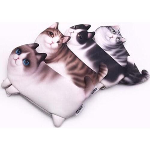 Cute Cat Pencil Case Kawaii Large Capacity Cartoon Creative Simulation Cat Pencil Bag Korean Printed Cat Student Cosmetic Bag