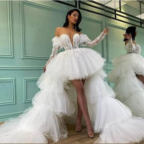 Summer Short Puffy Tulle Wedding Dresses with Detachable Train Tiered Long Sweep Robe De Soriee Lace Long Sleeves Bride Formal V