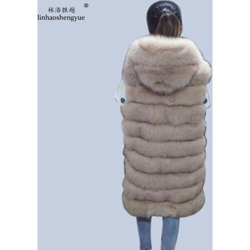 Linhaoshengyue 90cm Long Real Fox Fur West with Hood