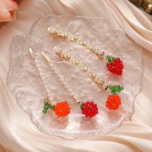 Cute Handmade Beads Strawberry Cherry Barrettes for Women Girl Gold Color Alloy Crystal Rhinestone Hairpins Hair Accessories