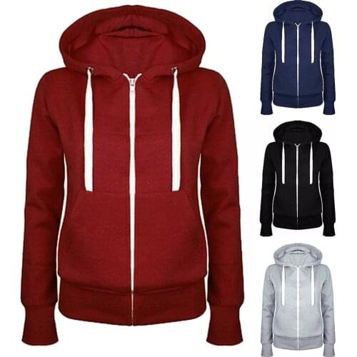 Fashion Lady Solid Color Long Sleeve Hooded Pocket Zip Up Casual Coat Sweatshirt