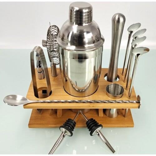 C5AD 14 Pcs Cocktail Shaker Set Stainless Steel Cocktail Making Bar Tool Bartender Kit with Wooden Display Bar Shaker Set