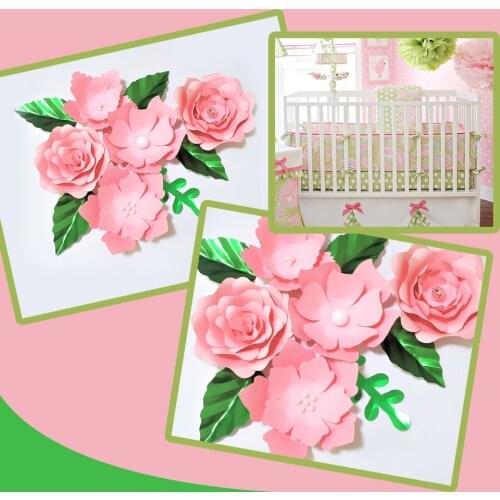 Handmade Pink Rose DIY Paper Flowers Green Leaves Set For Party Wedding Backdrops Decorations Nursery Wall Deco Video Tutorials