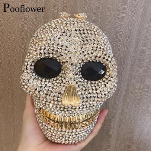 Pooflower Halloween Skull Shape Diamond Clutch Purse Women Gothic Small Evening Bags Crystal Chains Party Wedding Hand Bag ZH394
